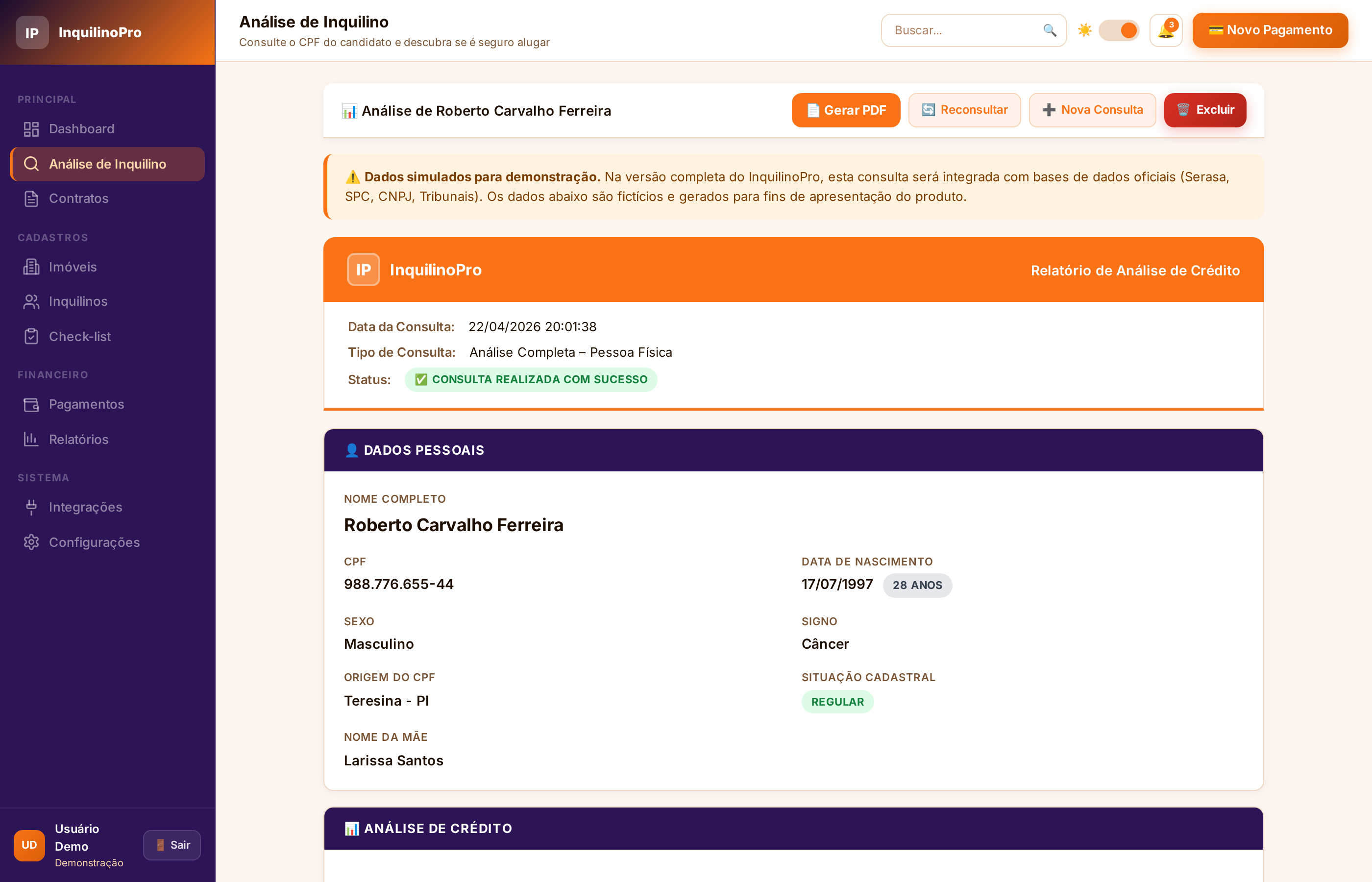 Análise de Inquilino — Relatório completo com score de crédito, dados pessoais e situação cadastral