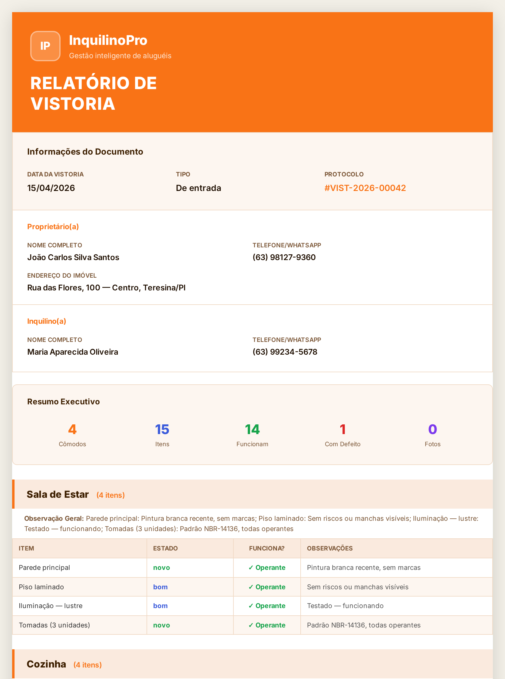 Laudo de Vistoria em PDF — Relatório profissional com dados do imóvel, resumo executivo e checagem por cômodo
